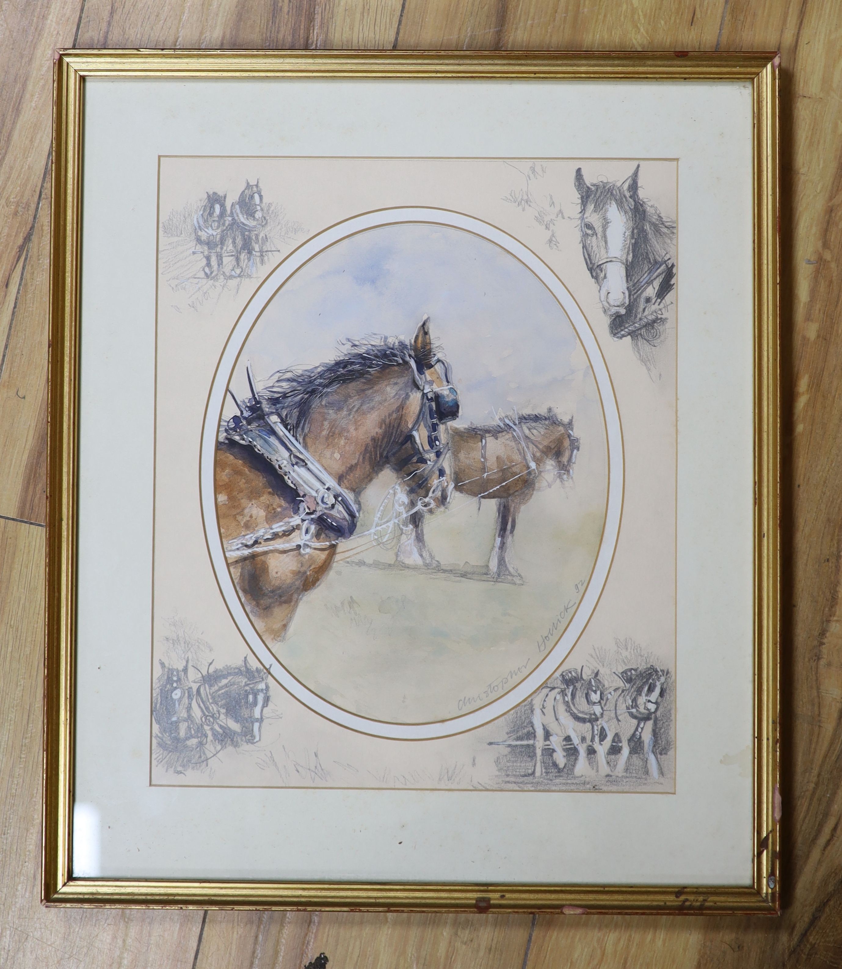 Christopher Hollick (1946-), pencil and watercolour, Study of Shire horses, signed and dated '92, 31 x 26cm